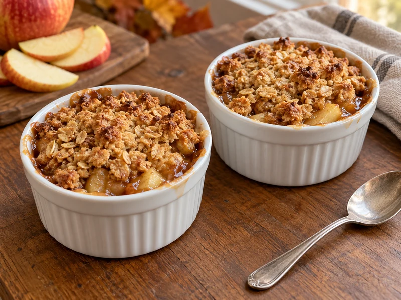 Two individual apple crumbles with golden oat topping in white ramekins