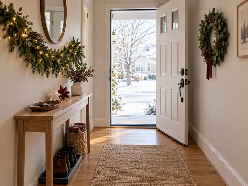 Small Christmas entryway decorated without blocking the open front door