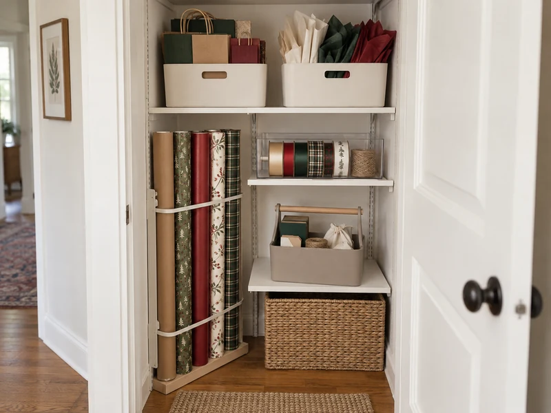 Five-zone gift wrap storage system inside a small closet