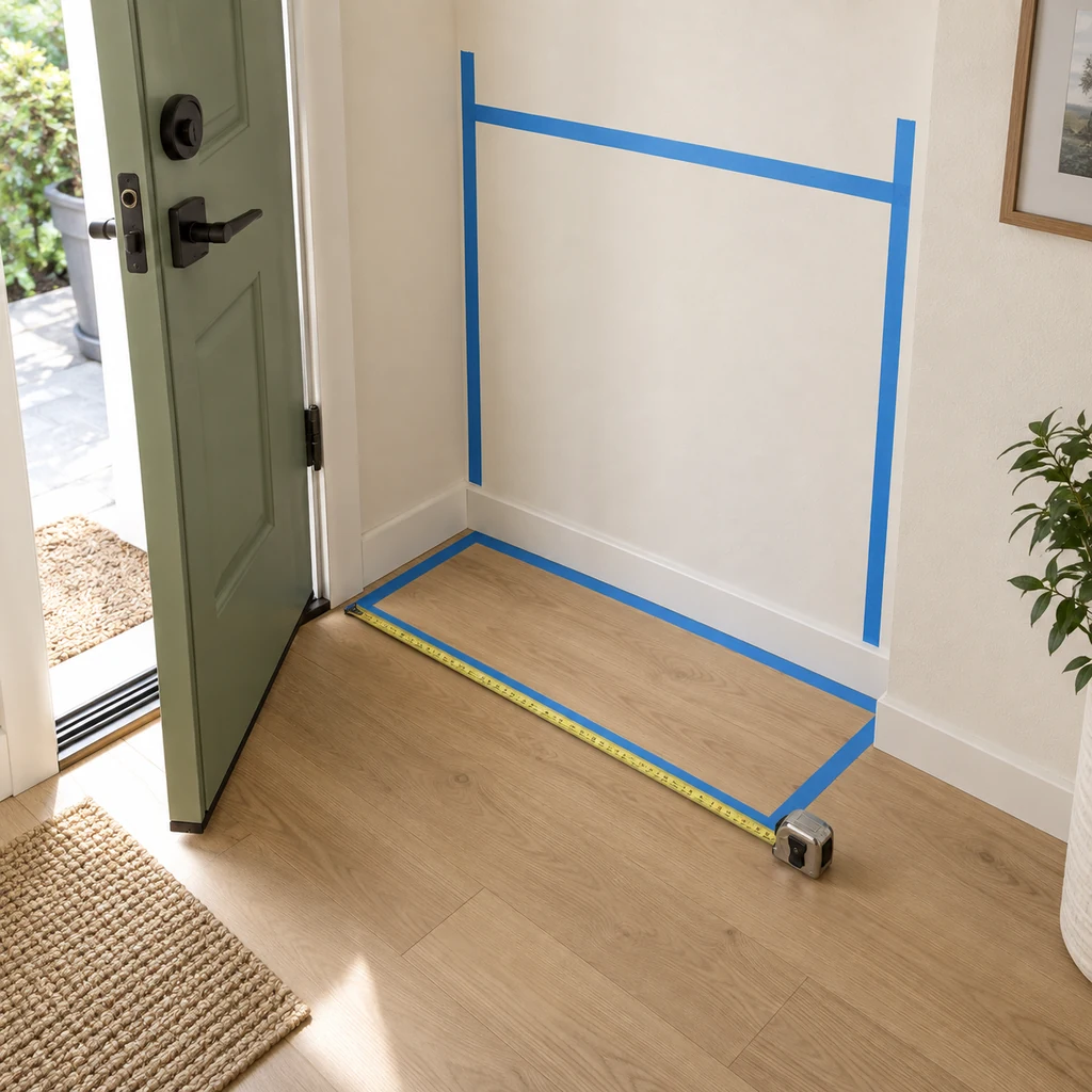 Painter's tape marking a 30-inch entryway footprint while the open door tests clearance