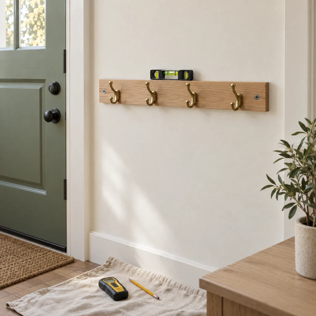 Level oak entryway rail with four brass hooks secured at two wall framing points