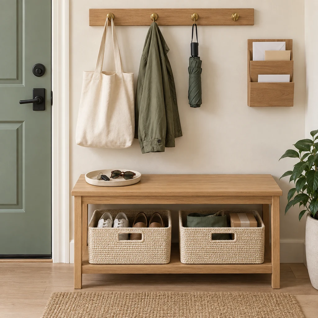 Four-zone entryway setup for keys, mail, hanging items, shoes, and outgoing essentials