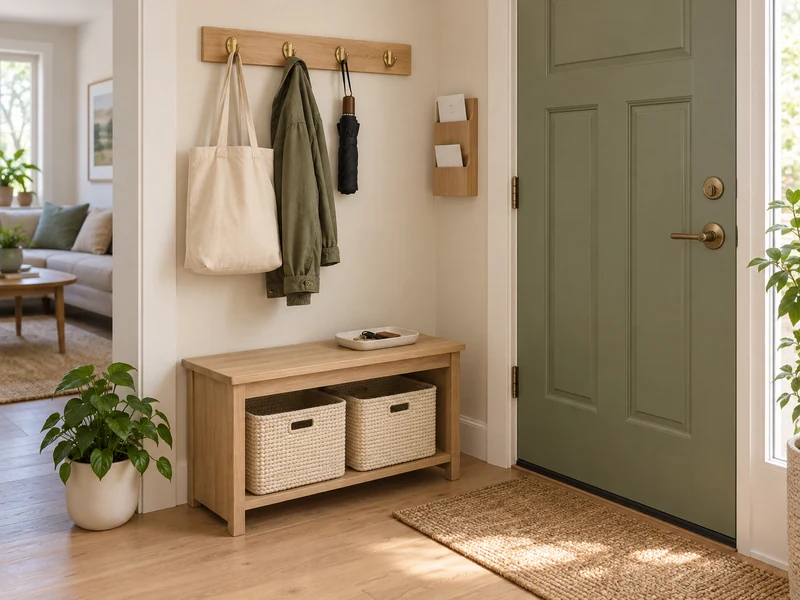 Organized 30-inch entryway drop zone with oak bench, baskets, hooks, key tray, and mail holder