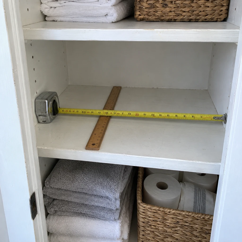 Tape measure and ruler checking the clear width and depth of a linen closet shelf