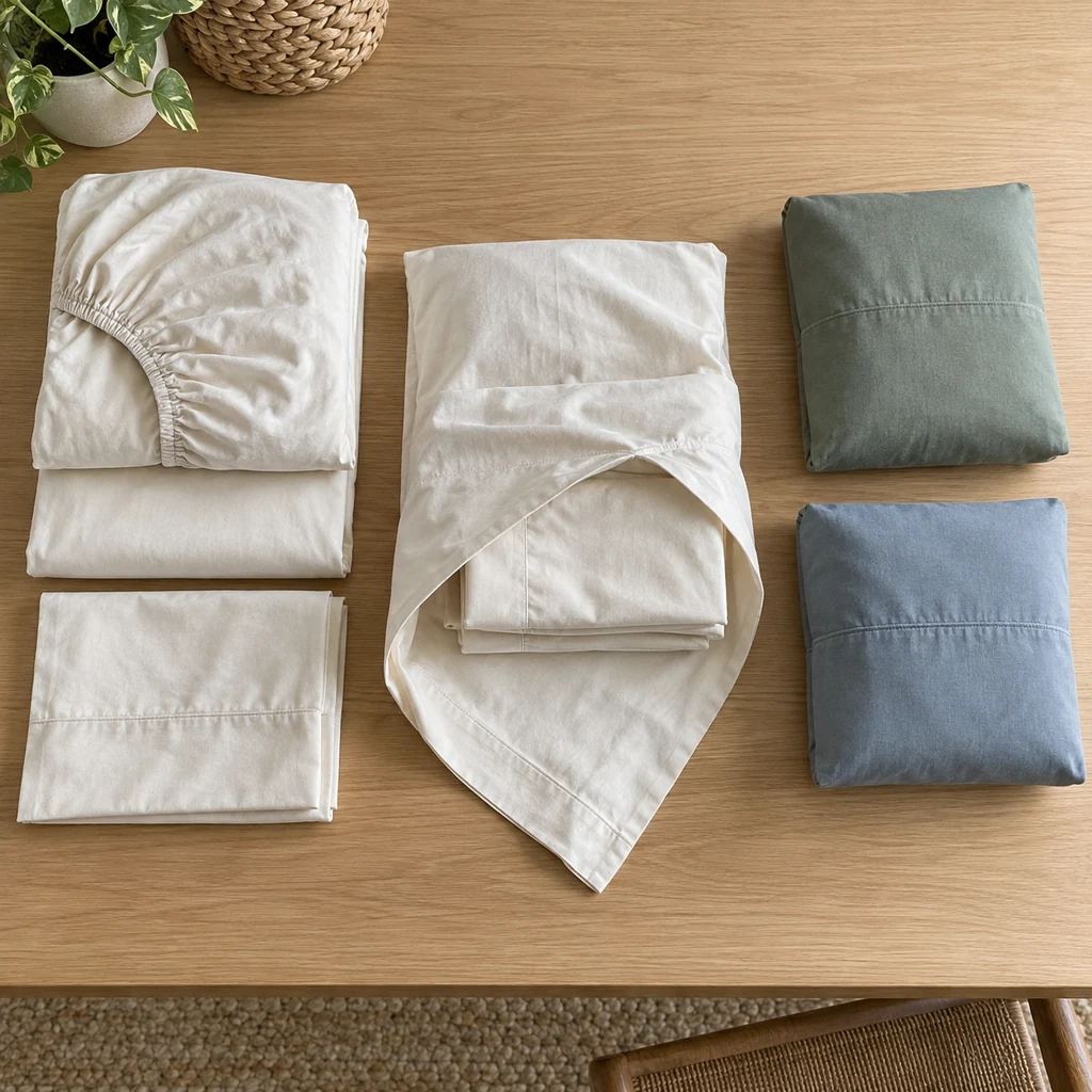 Folded sheet set being tucked into a matching pillowcase beside two finished bundles