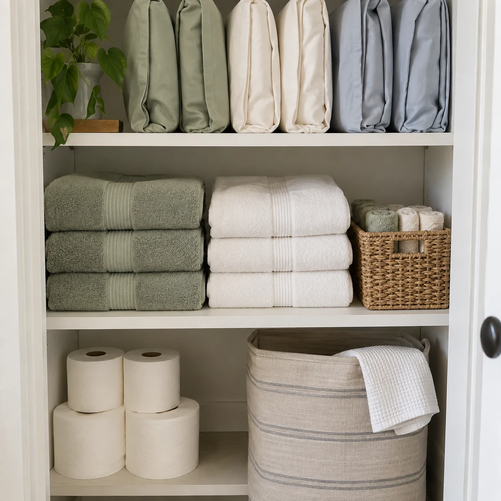 Sheet bundles towels washcloth basket paper backstock and hamper arranged by shelf zone