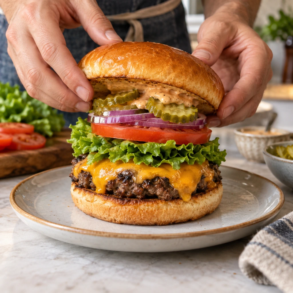 Layering toppings onto a finished smash burger
