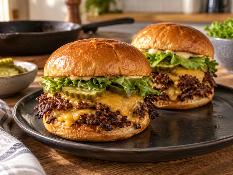 Crispy cheddar smash burgers on toasted brioche buns