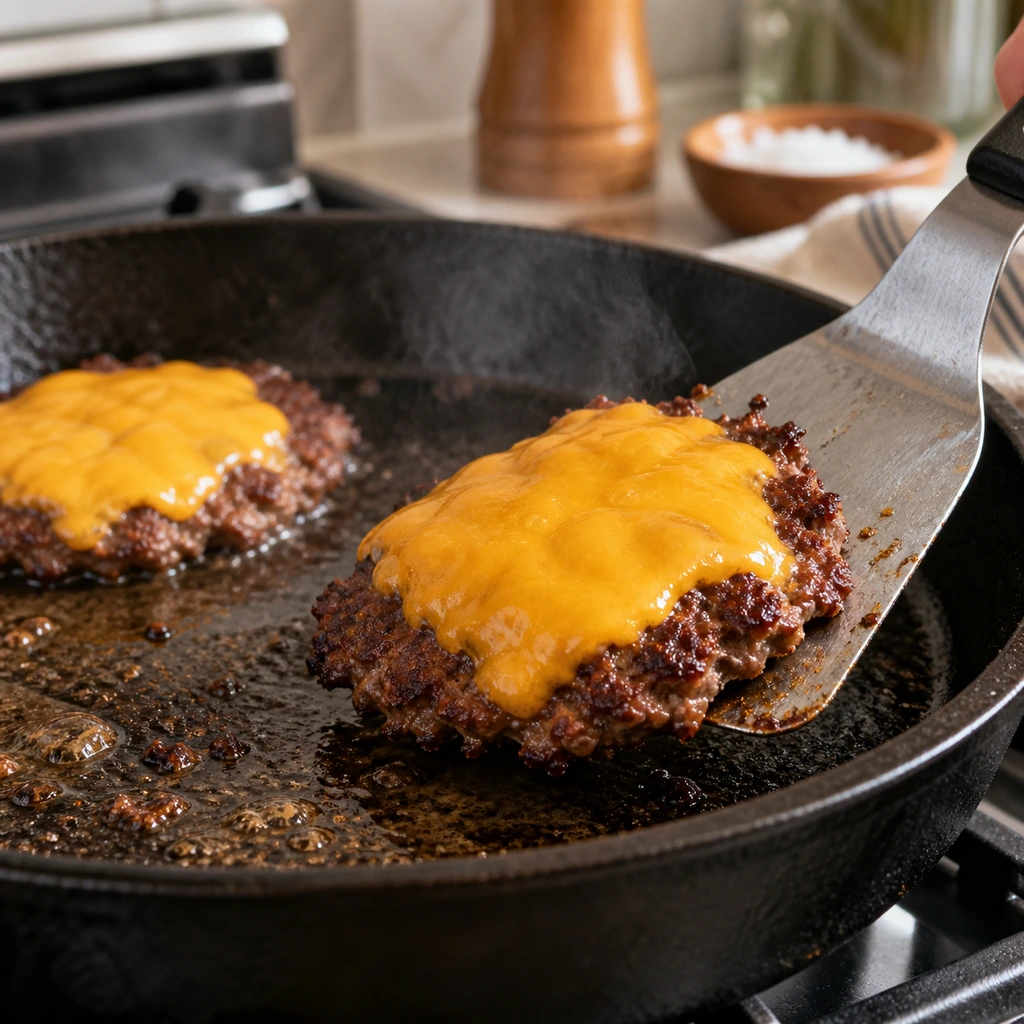 Cheddar melting on a flipped smash burger patty