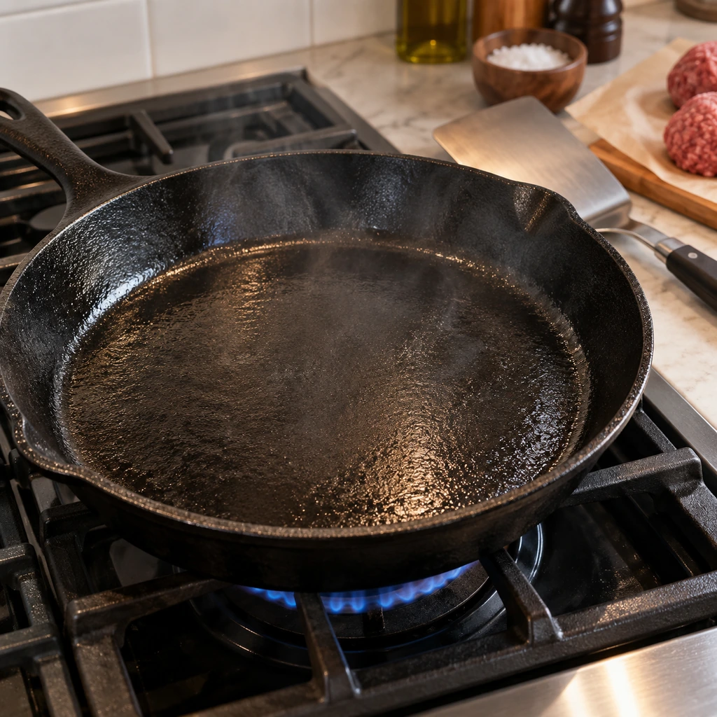 Cast iron skillet preheating for smash burgers