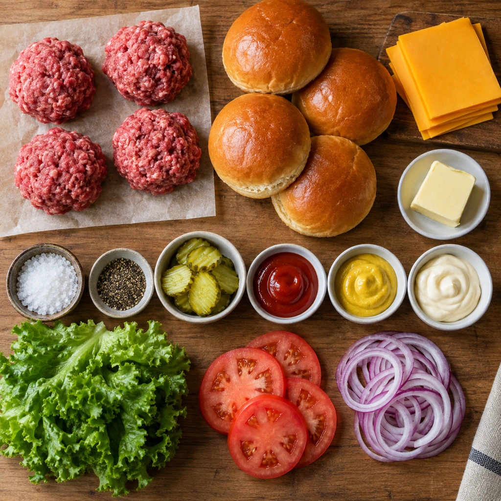 Ingredients arranged for homemade smash burgers