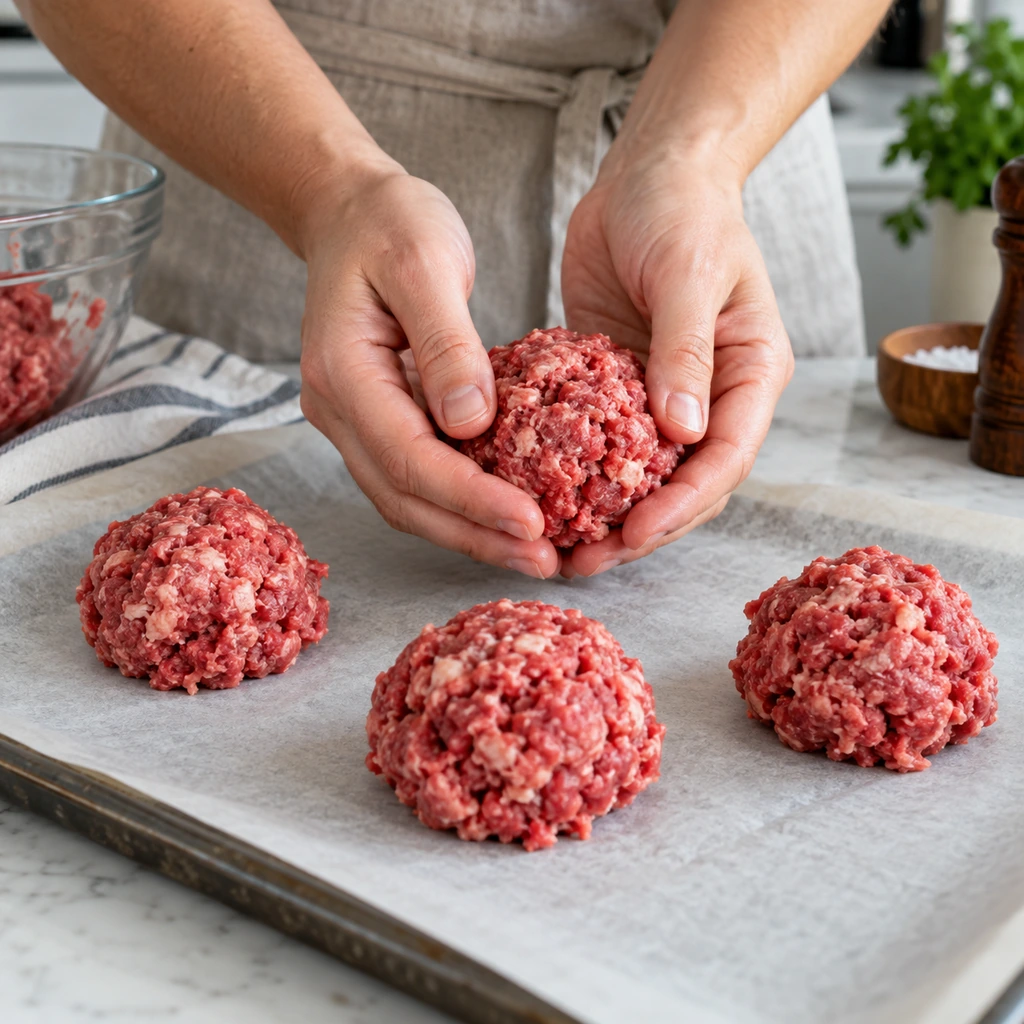 Hands gently shaping loose beef portions for smash burgers