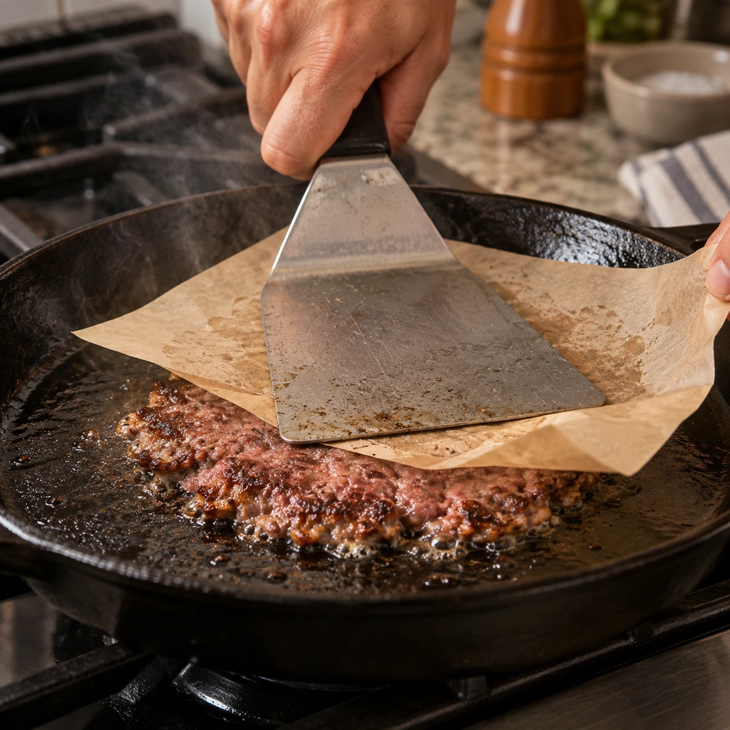 Spatula pressing a beef ball into a thin smash burger patty