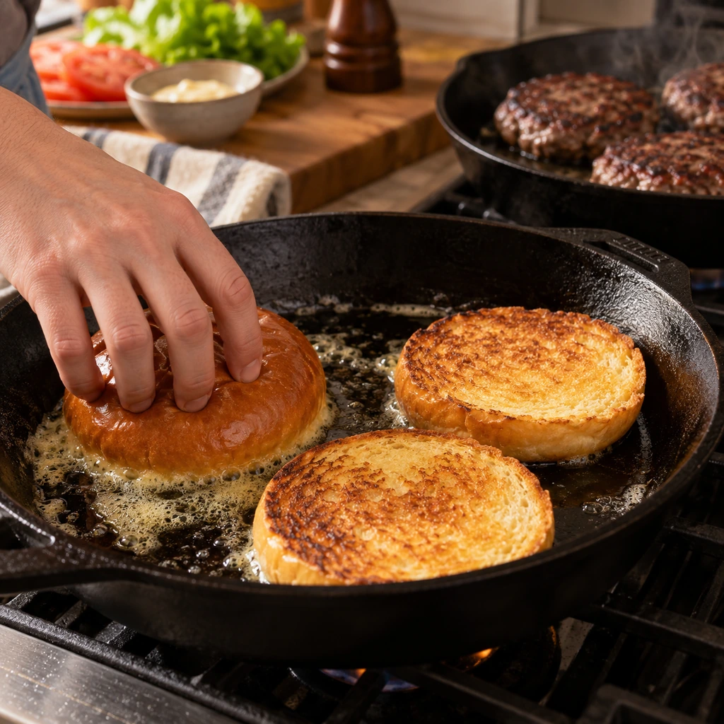 Brioche buns toasting in butter in a skillet
