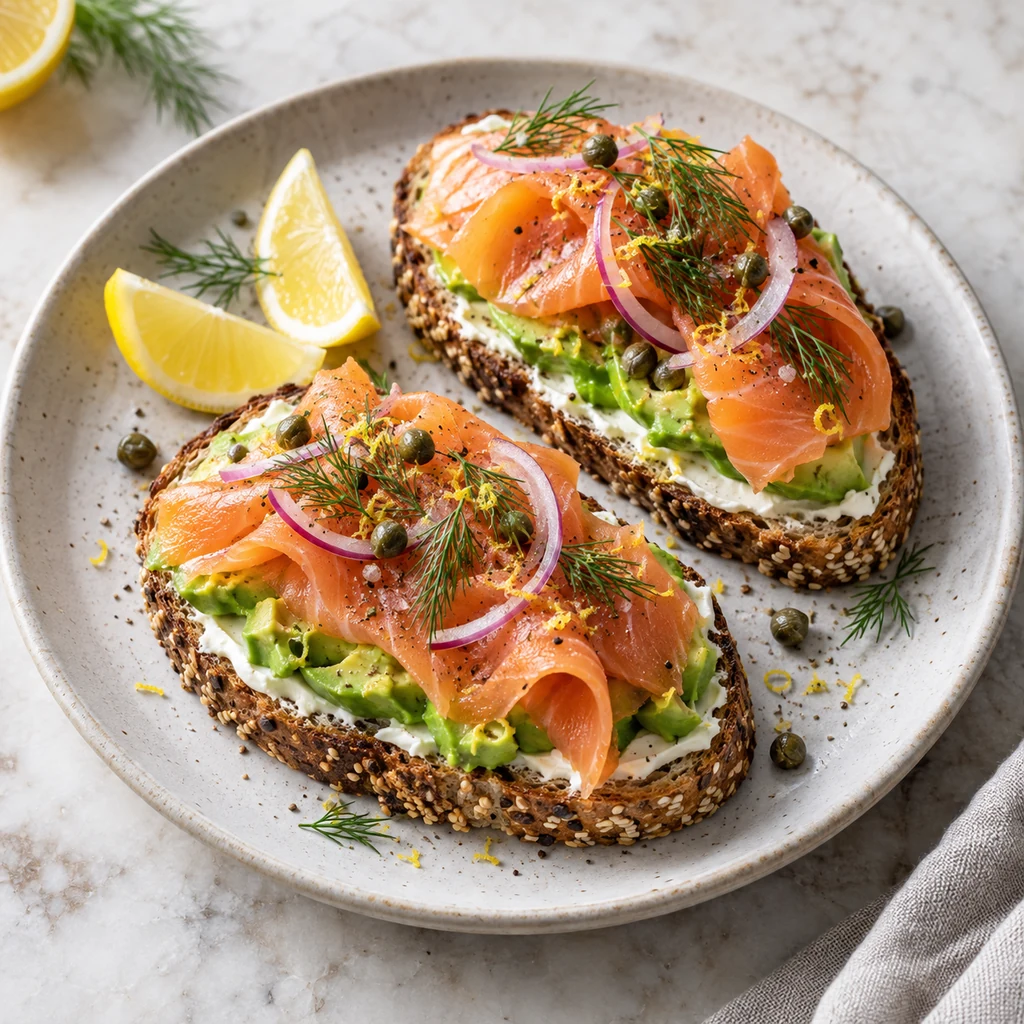 Smoked salmon avocado toast with cream cheese, red onion, capers, dill, and lemon