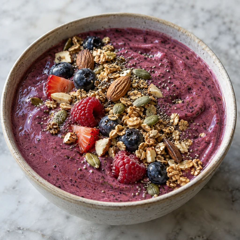 Thick berry smoothie bowl with nuts, seeds, and granola