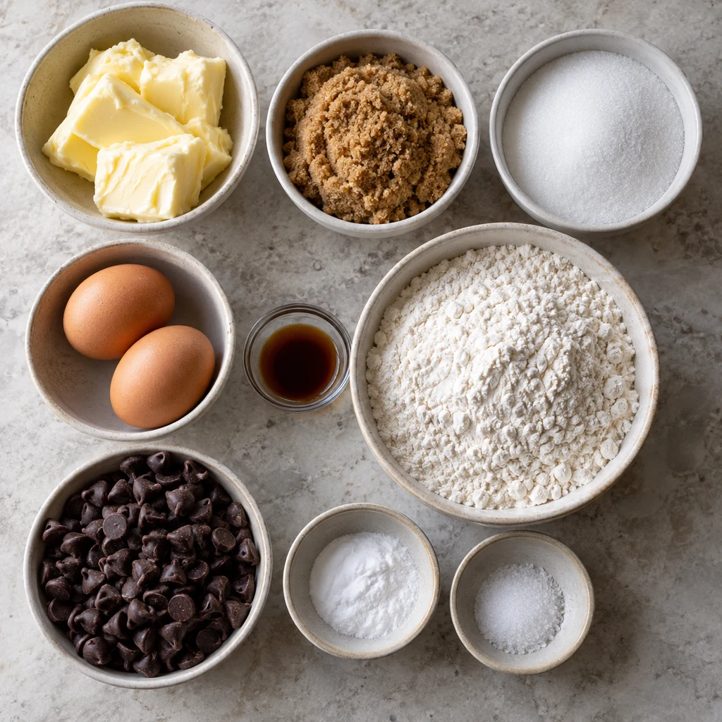 Butter, brown and white sugar, eggs, vanilla, flour, baking soda, salt, and chocolate chips for soft cookies