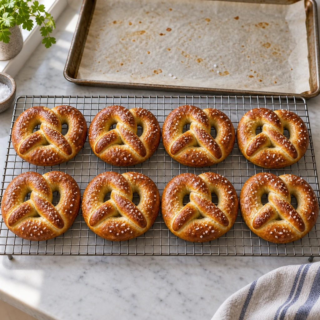 Exactly eight deep golden soft pretzels cooling in two rows on a wire rack