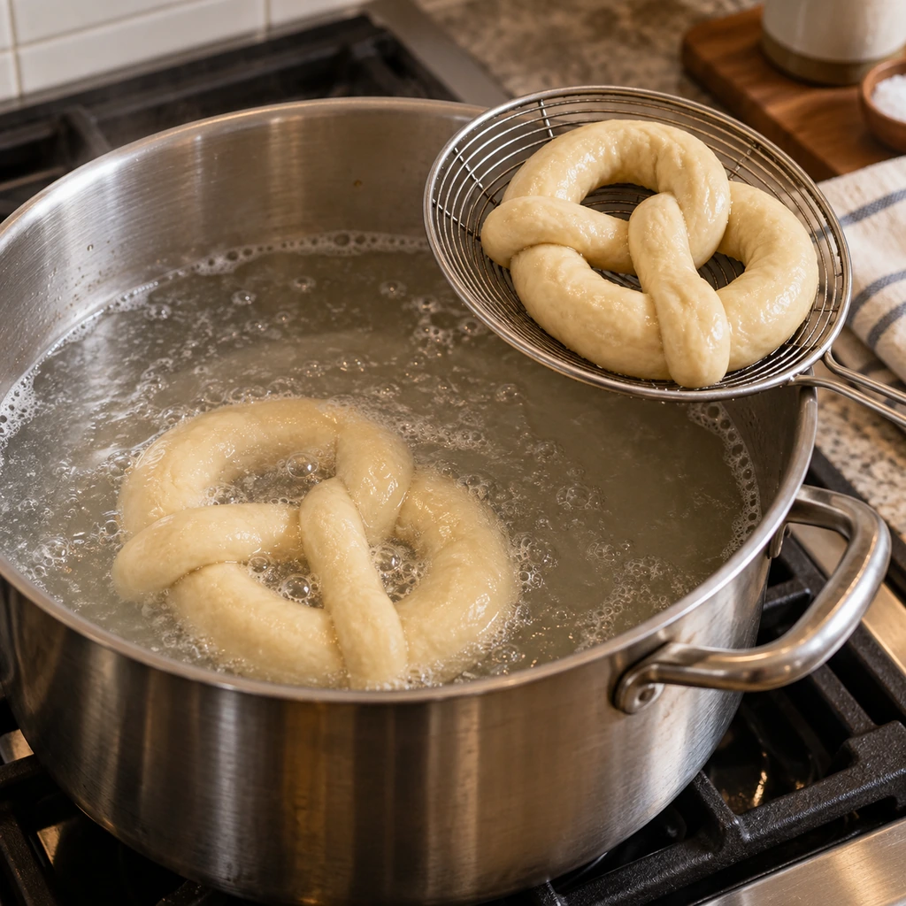 Raw soft pretzels briefly simmering in a stainless pot of baking-soda water