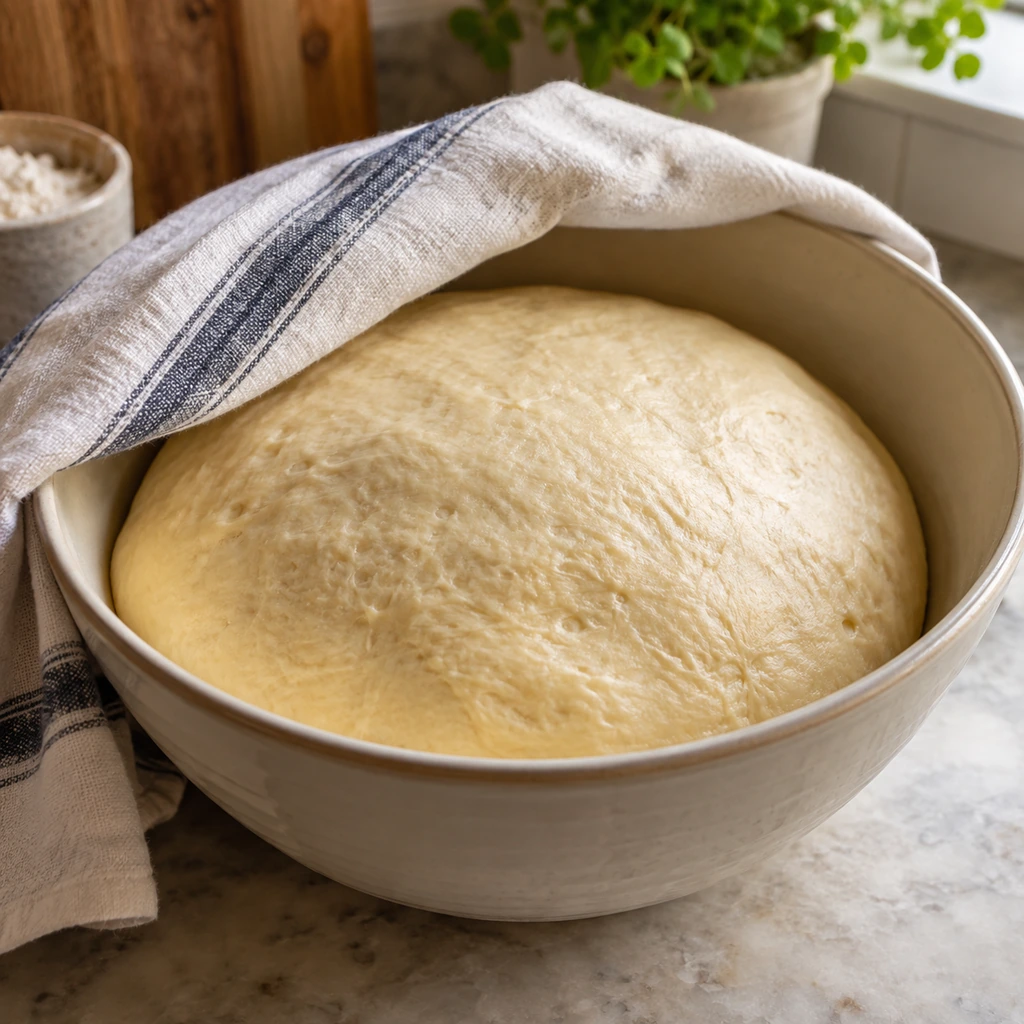 Smooth risen pretzel dough in a bowl partly covered with a clean cloth