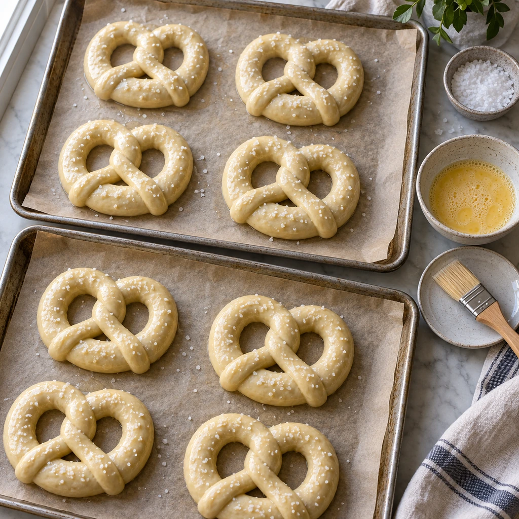 Eight boiled pretzels on parchment with beaten egg wash, a pastry brush, and coarse salt