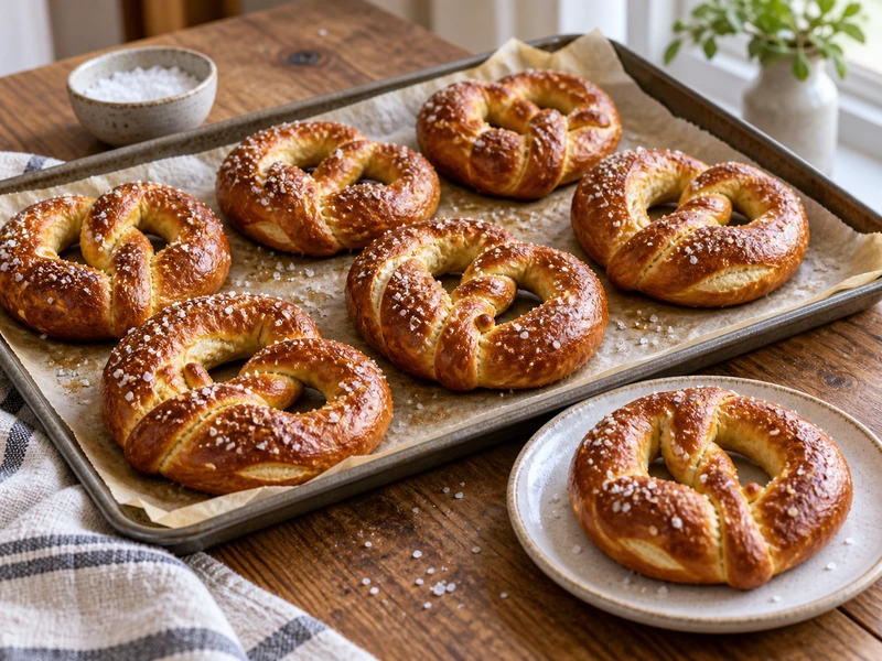 Eight golden homemade soft pretzels with coarse salt