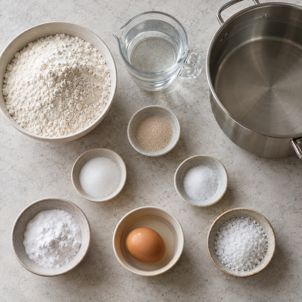 Flour, warm water, yeast, sugar, salt, baking soda, egg, and coarse salt arranged for soft pretzels