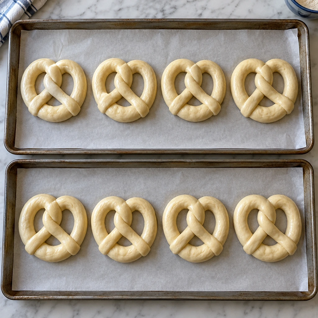 Exactly eight raw soft pretzels shaped and arranged on two parchment-lined trays