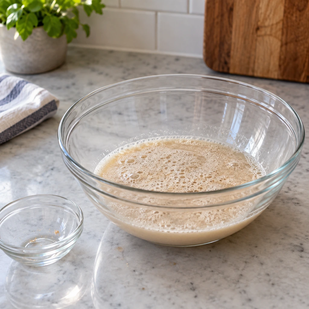 Foamy activated yeast in a glass mixing bowl