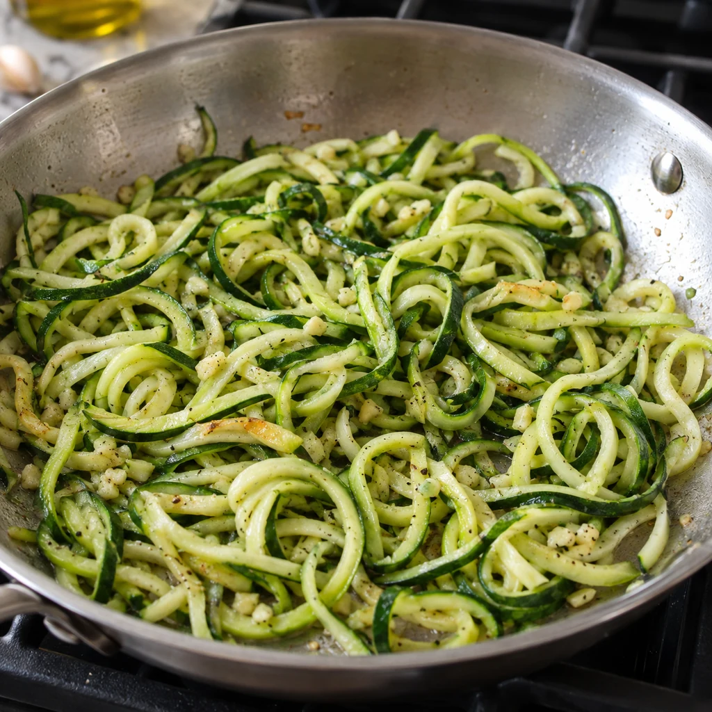 Spiralized zucchini noodles lightly sautéing in garlic olive oil