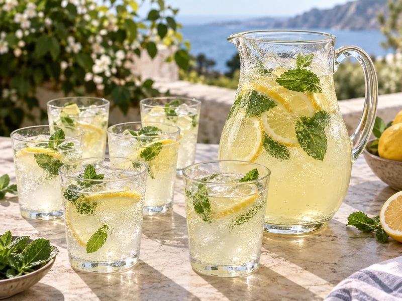 Sparkling mint lemonade in a clear pitcher with six ice-filled glasses