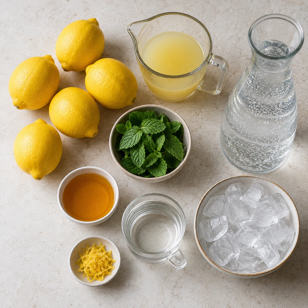Lemons, lemon juice, mint, honey, warm water, sparkling water, zest and ice for mint lemonade
