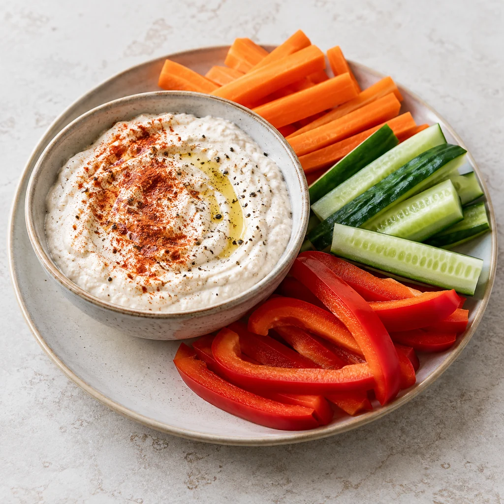 Spiced cottage cheese dip served with carrot, cucumber, and red bell pepper sticks