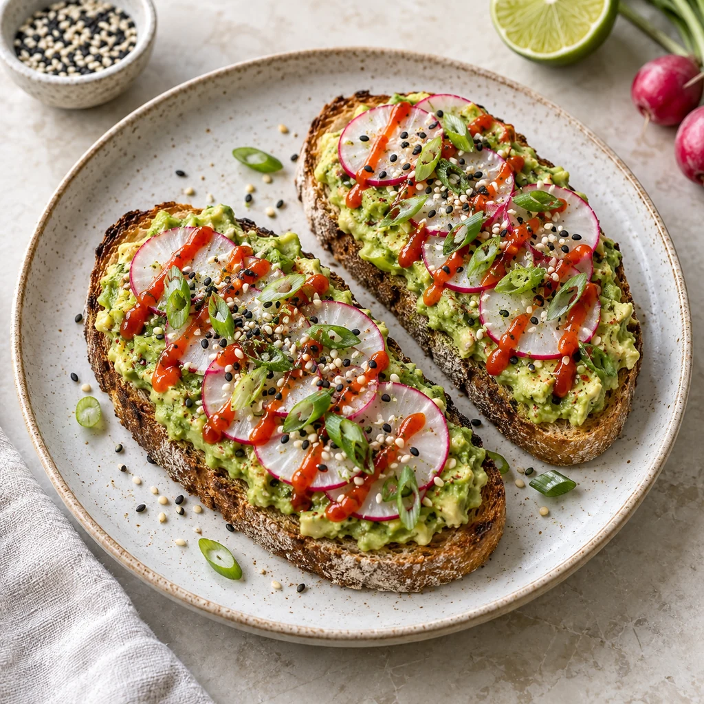 Spicy avocado toast with sriracha, thin radish slices, sesame seeds, and scallions