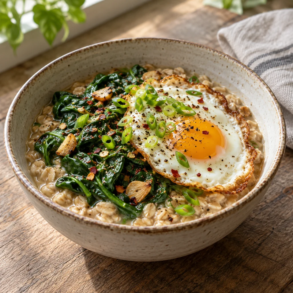 Savory oatmeal topped with garlicky spinach, a fried egg, chili flakes, and scallions