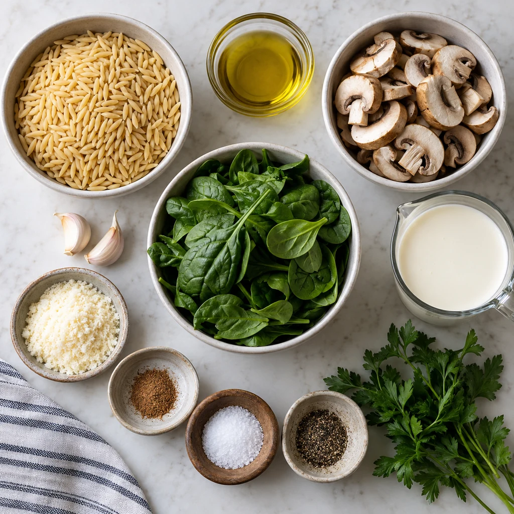 Orzo, olive oil, sliced mushrooms, garlic, spinach, cream, Parmesan, nutmeg, seasoning, and parsley arranged for cooking