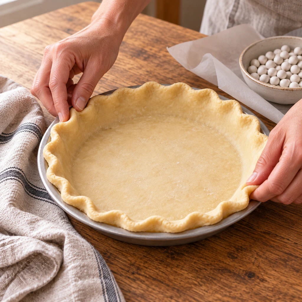 Hands fitting a raw shortcrust pie shell into a nine-inch metal pie plate
