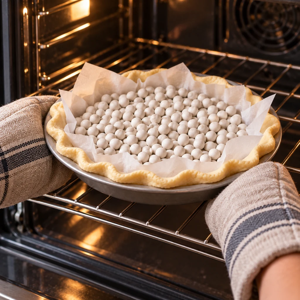 A parchment-lined pastry shell filled with ceramic pie weights entering the oven