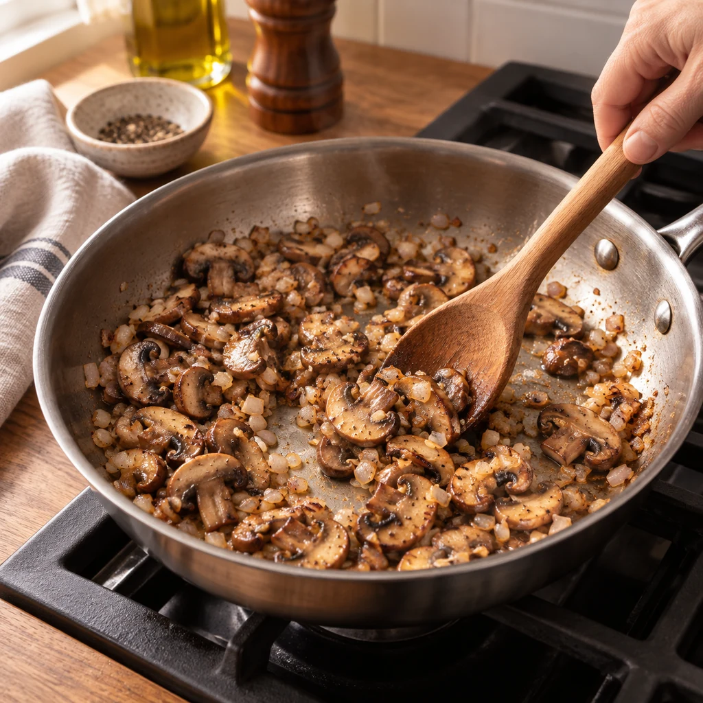 Browned sliced cremini mushrooms and diced shallot cooking in a stainless skillet