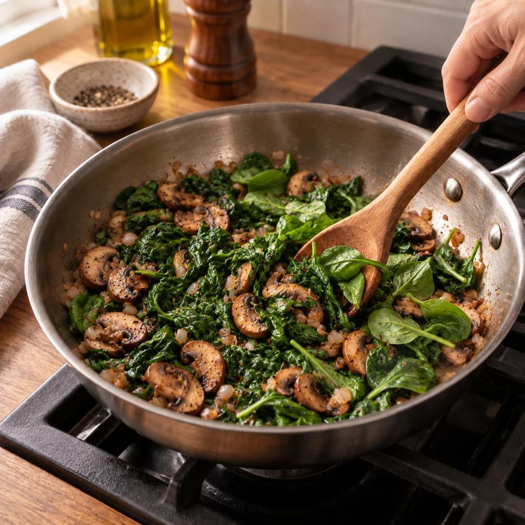 Fresh spinach wilting into browned mushrooms and shallot in a skillet