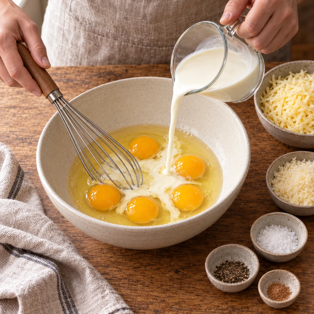 Half-and-half being poured into a bowl containing exactly five cracked eggs