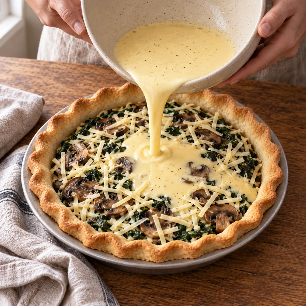 Egg custard being poured over spinach mushrooms and cheese inside a par-baked pie crust