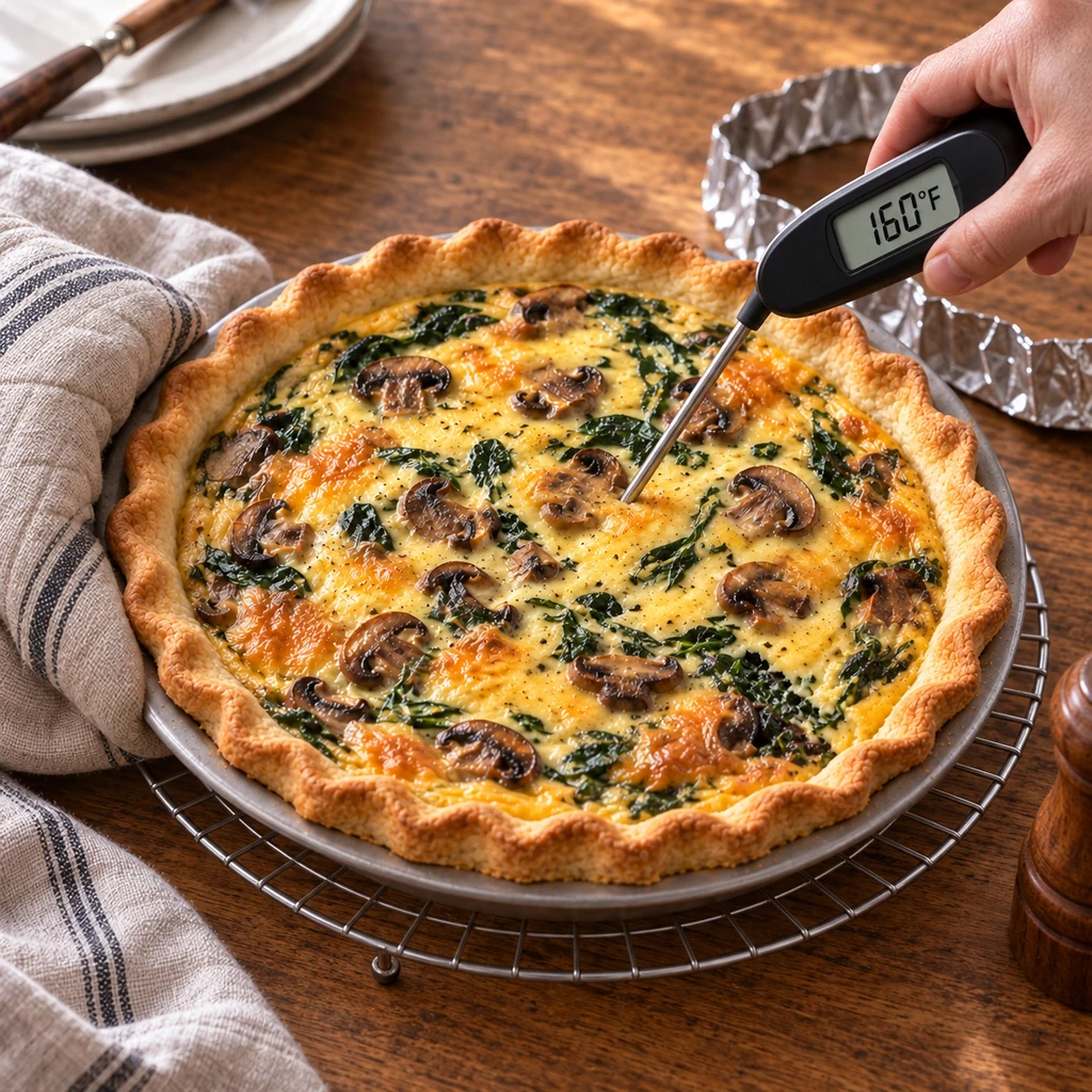 Instant-read thermometer showing 160 degrees Fahrenheit in the center of a baked crusted quiche