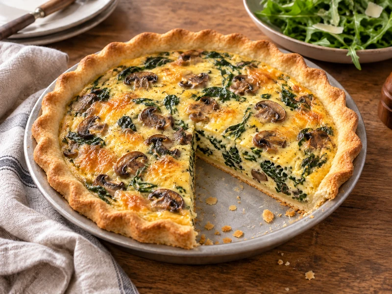 Spinach and mushroom quiche with a clearly visible flaky pastry crust