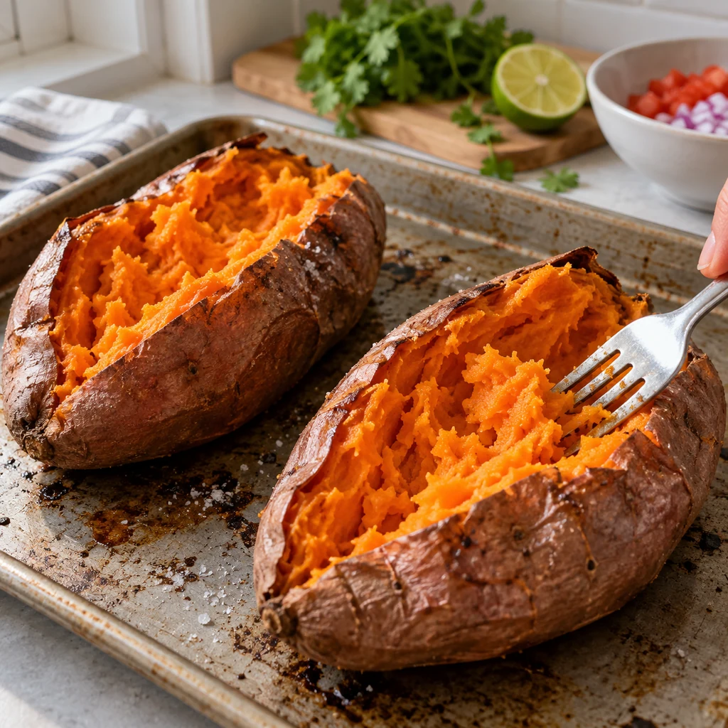 Roasted sweet potatoes split open with orange flesh fluffed using a fork