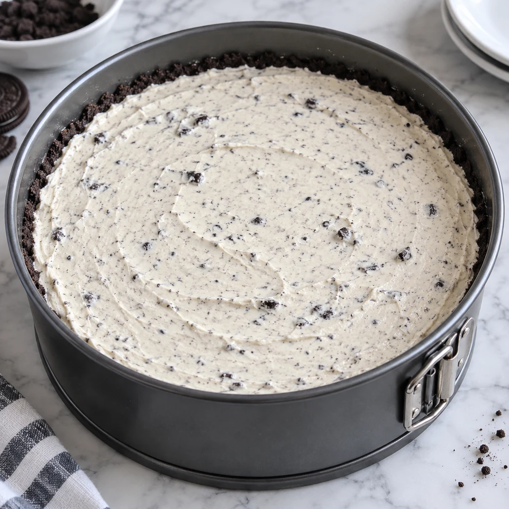 Speckled no-bake cheesecake filling spread over a dark cookie crust in a springform pan
