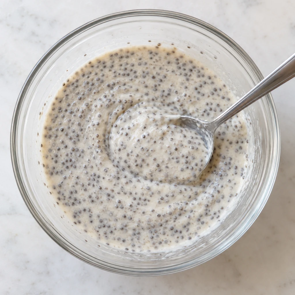 Slightly thickened berry chia parfait base being stirred a second time