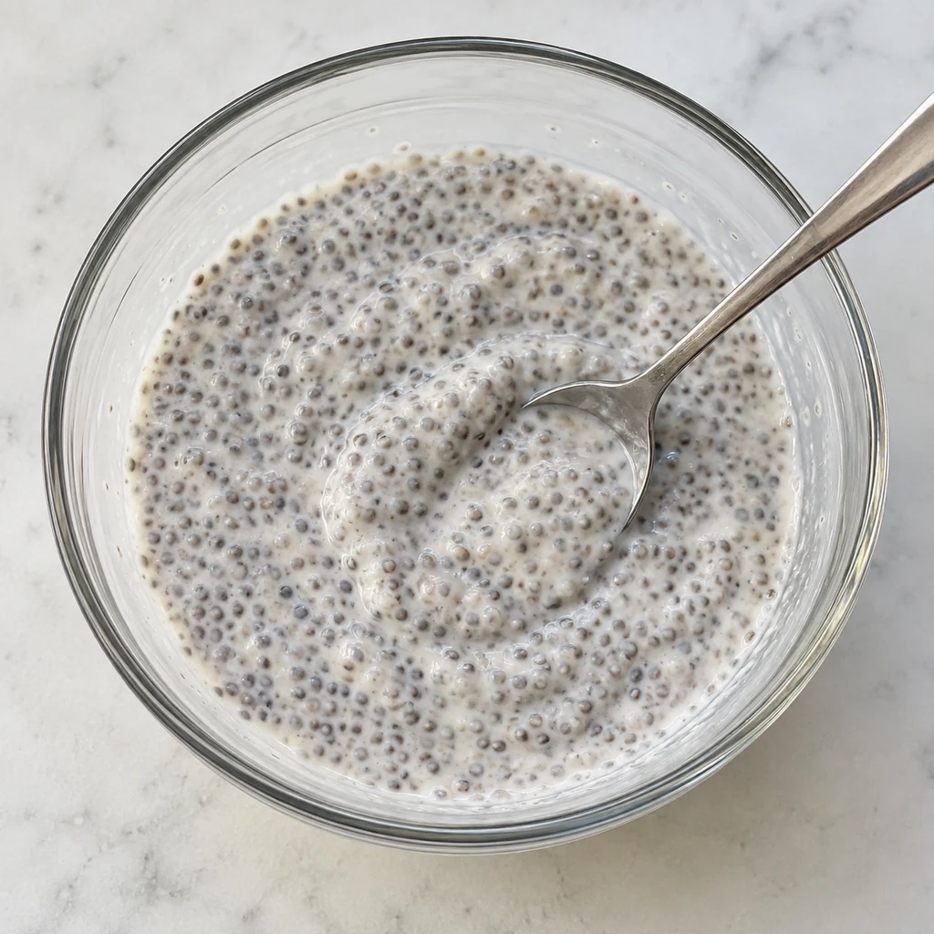 Slightly thickened coconut chia mixture being stirred again after ten minutes