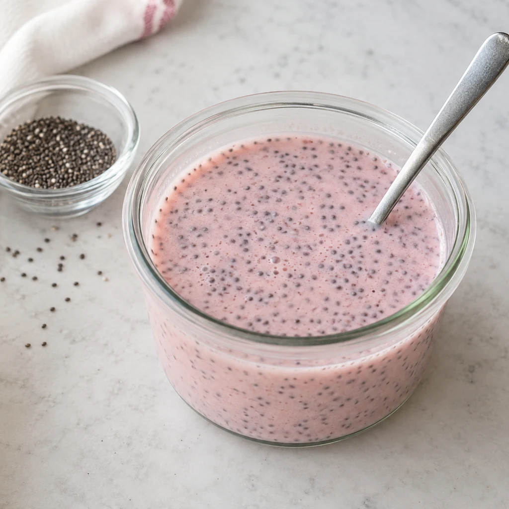 Chia seeds stirred evenly into the pink strawberry mixture