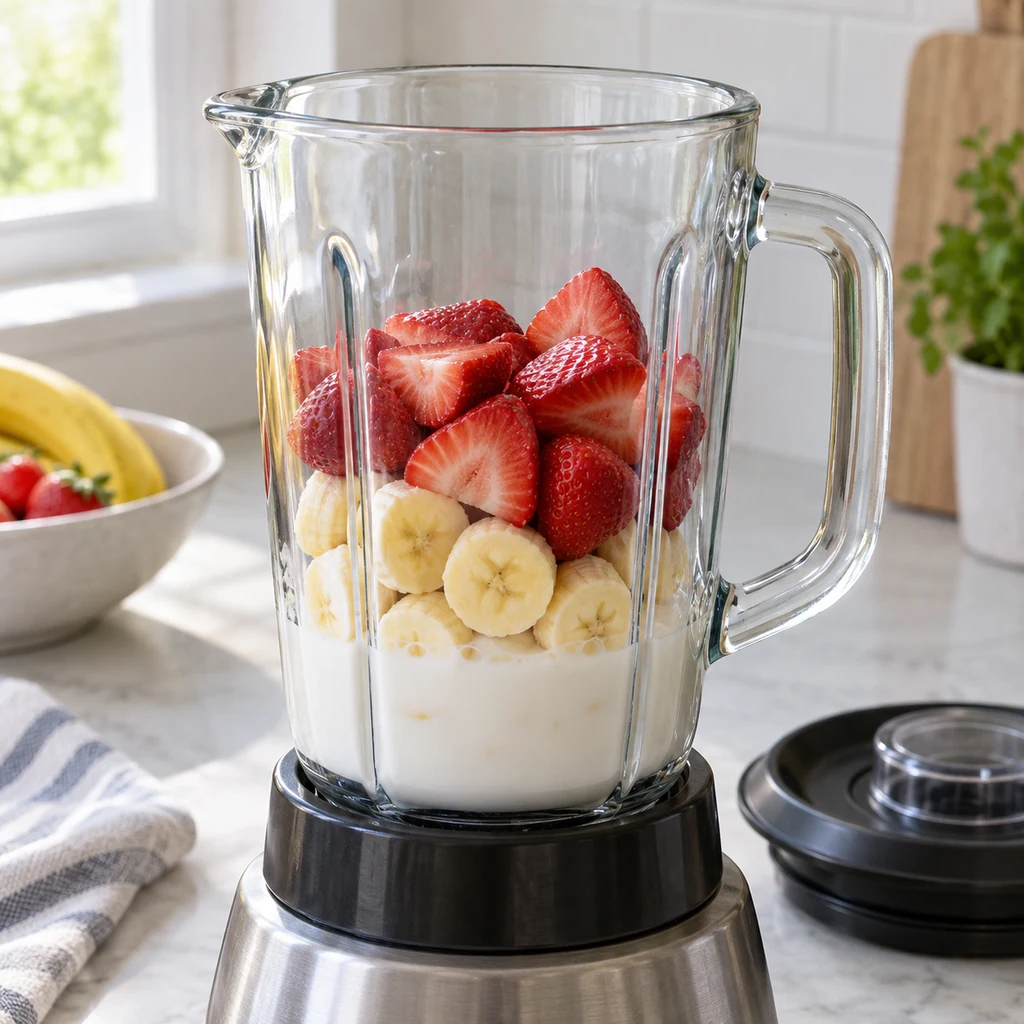 Sliced banana and strawberries added to milk in a blender